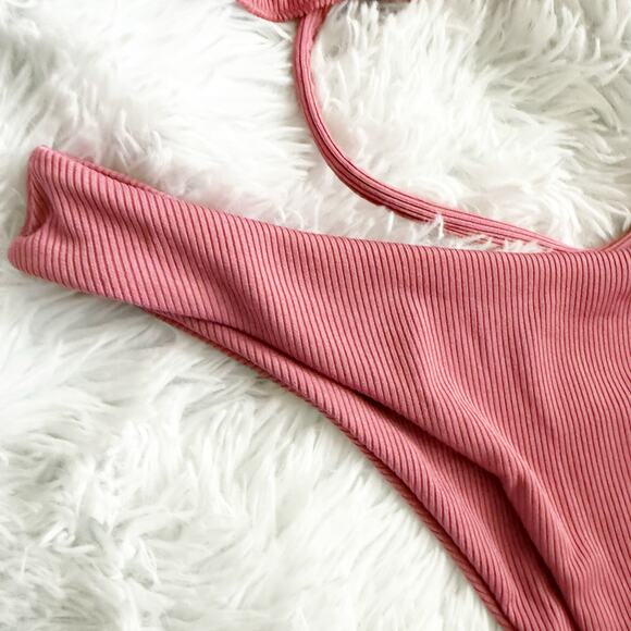 Ribbed 2-pc Swimsuit Swimwear Muted Raspberry Pink Bikini Matching Swim | Large - Picture 2 of 8